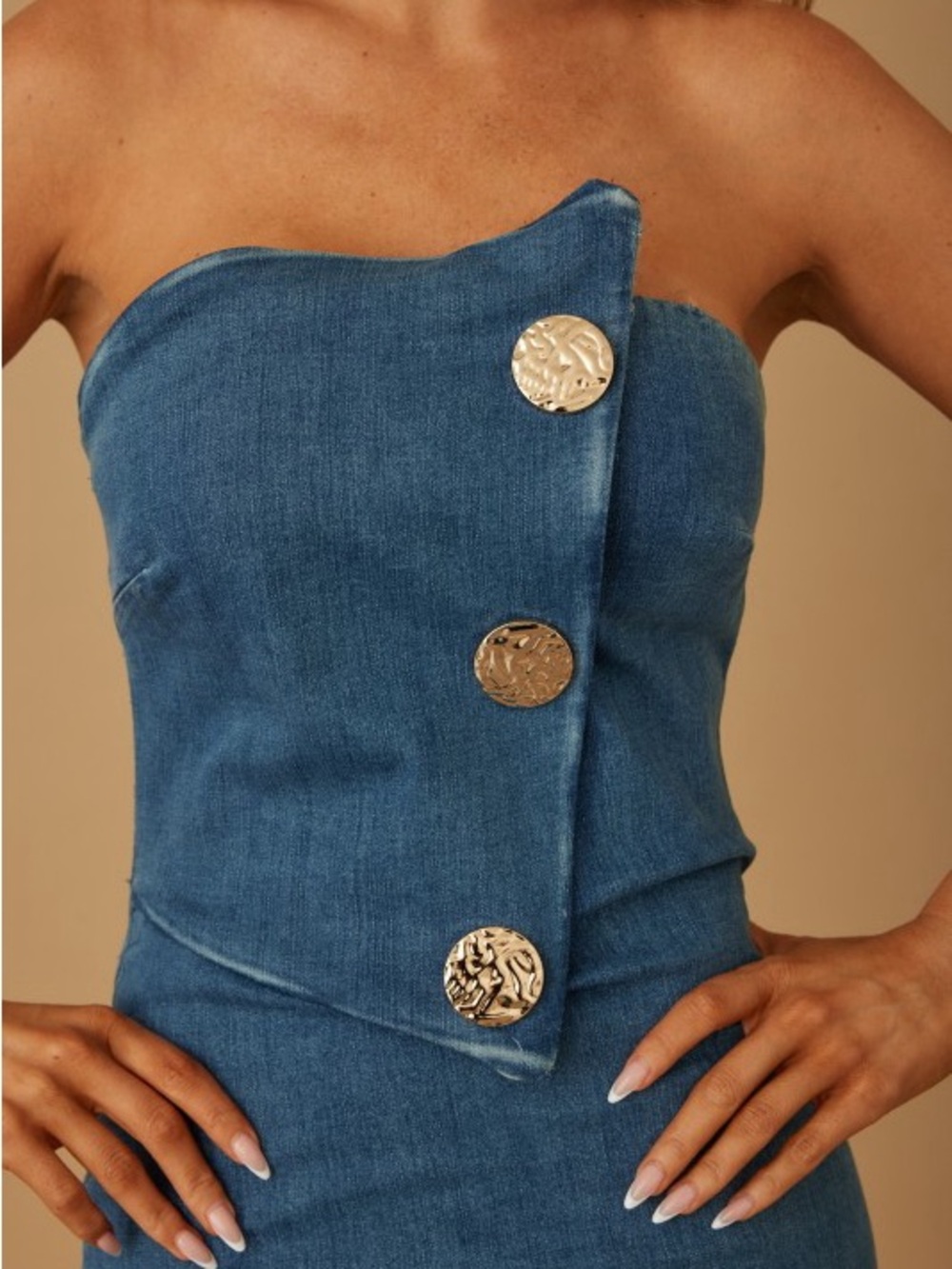 Strapless Medium Blue Denim Mini Dress with Gold Buttons - Picture 3 of 7